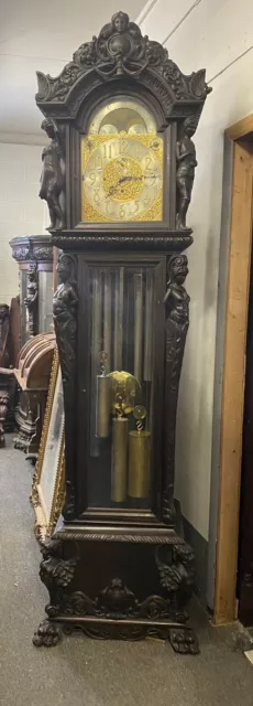 Carved Mahogany Figural 9 Tube Grandfather Clock