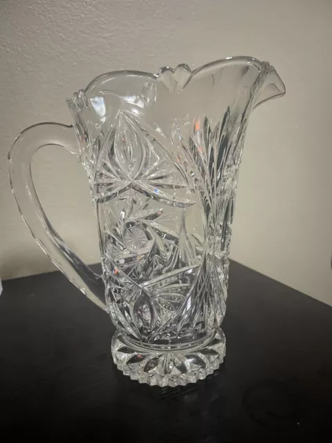 Vintage Crystal Cut Glass Water Pitcher With Wheel Star 9"H No Cracks Or Chips