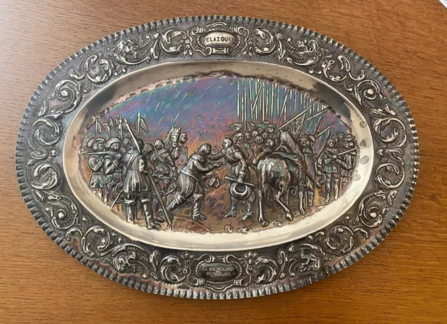 Antique Sterling Silver 916 Oval Plate Dish Engraved La Rendicion de Breda 20thC