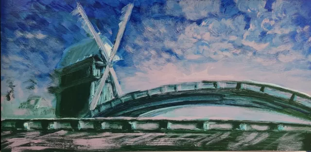 Painting Inspired Van Gogh Windmill Bridge Landscape 10x20" impressionism Art MK