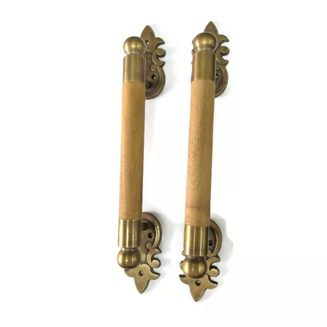 pair DOOR handle pull solid brass ends wooden old vintage asian style 13" raw B 2