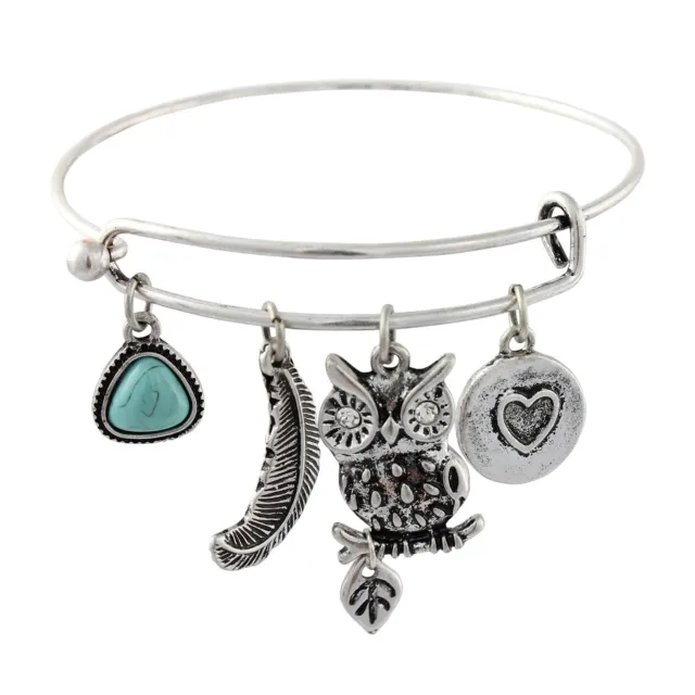 NEW Wise Owl Wire Charm Bangle Bracelet Antiqued Silvertone with Heart & Feather
