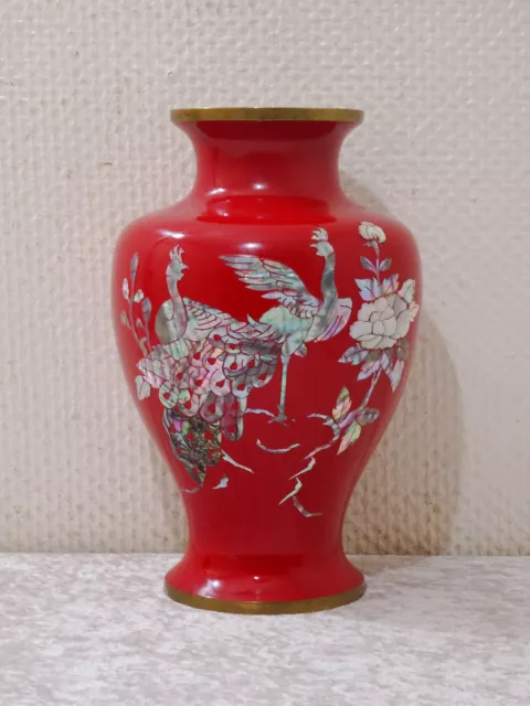 Large Paint Design Metal Vase Mother of Pearl Decor Heron Handmade Vintage 26.5cm