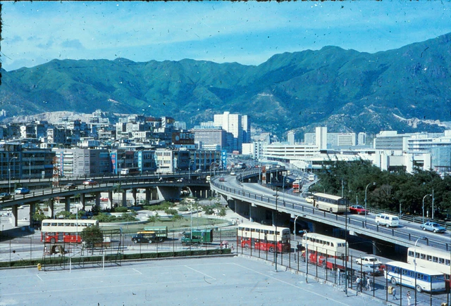 J4 Vintage 35mm Slide - Hong Kong Daily Life Street Traffic Double Decker Buses