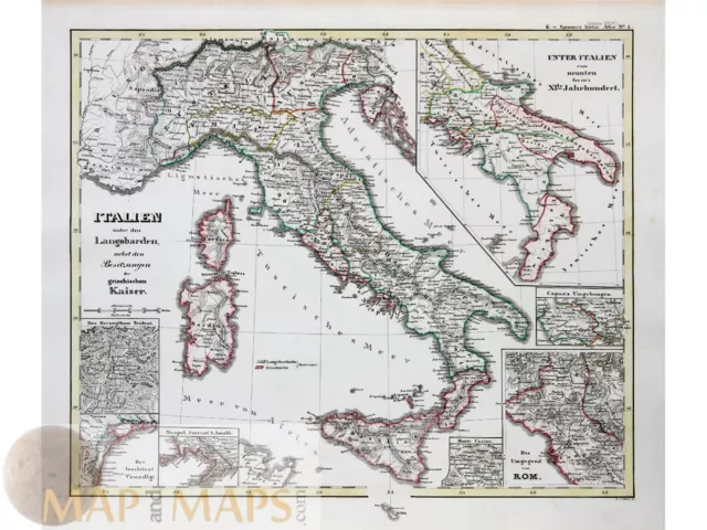 Italy map, Italien under den Langobarden Spruner 1846.