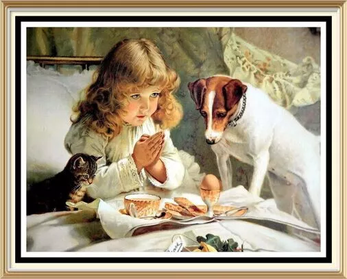 Stampa artistica di CHARLES BURTON BARBER - SUSPENSE ragazza che prega gatto terrier JRT cane