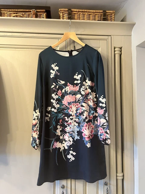 LIPSY SHIFT DRESS Short Uk 10 Long Sleeve Satin Botanical Print