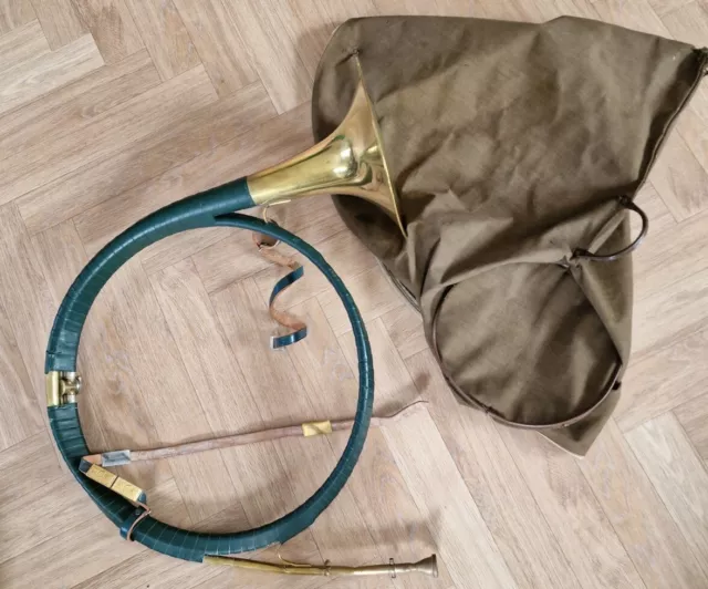 Groß Jagdhorn Signalhorn Posthorn Mundstück Messing Tasche Gold Leder Original