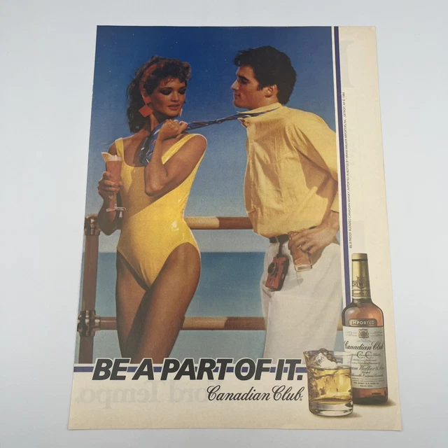 Canadian Club Whiskey 1985 Vintage Print Ad 8"x11" yellow swimsuit 80s fashion