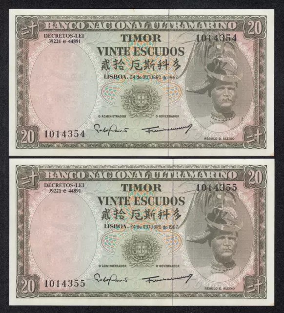 PORTUGAL-TIMOR BANKNOTE - 2 x 20 ESCUDOS *RUNNING NOS.* - P26 - 1967 - UNC  🇹🇱