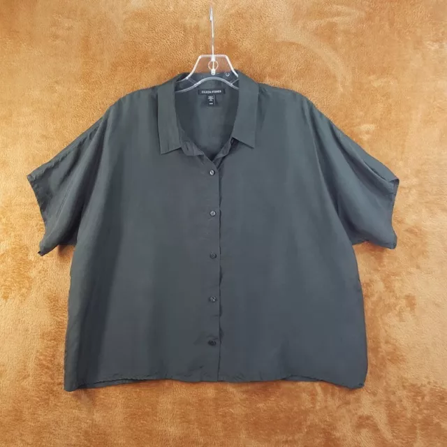 EILEEN FISHER Womens Top Medium Green Button Up Shirt Boxy 100% Silk
