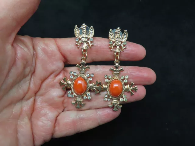 Vintage Gold Tone Contemporary Dangle Orange Cabochon Pierced Earrings