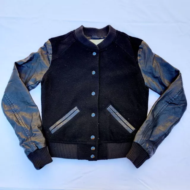 Denim & Supply Ralph Lauren Women's Letterman Wool Bomber Black Crop Jacket - XS