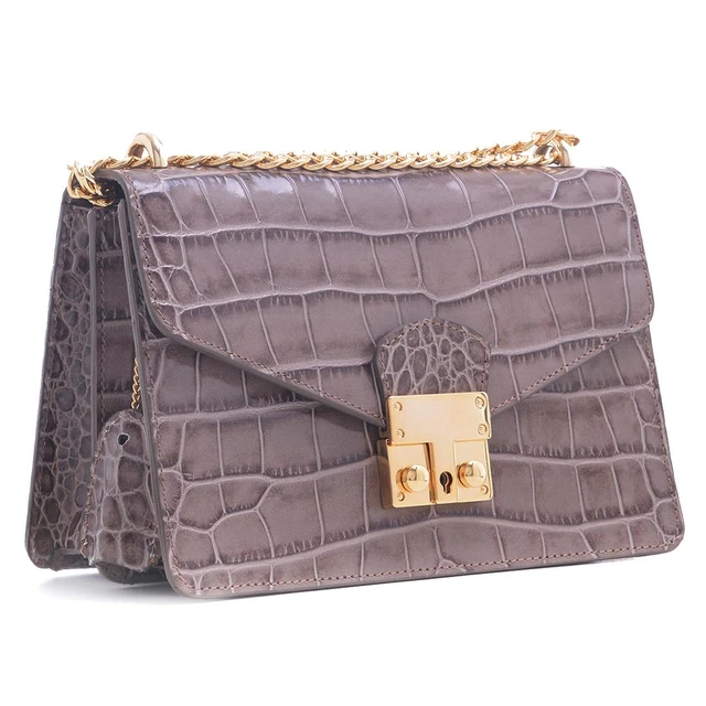Carbotti Womens Premium Calfskin Croc Embossed Leather Bag - Taupe