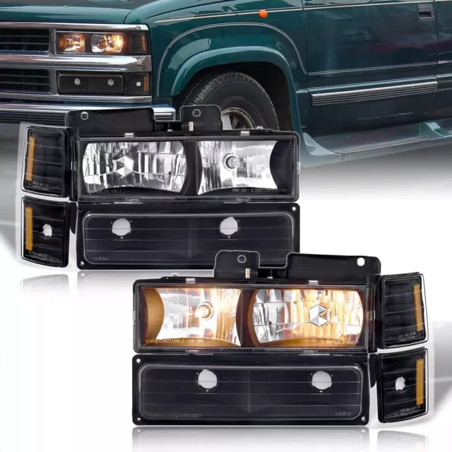 Headlights w/Bumper Corner Signal Lamps Black for 94-98 GMC C/K Sierra Suburban