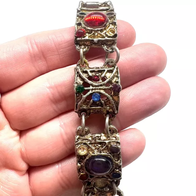 Vintage Ornate Link Panel Bracelet w/ Lucite Round Jewel Toned Cabochons 7” TM