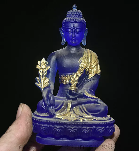 5,4"China blau gefärbte Glasur vergoldet Menla Medizin Buddha Glücksskulptur