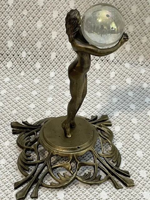 Vintage Art Deco Figurine "Nude Female Holding a Ball" Bronze Tone Spelter Metal 3