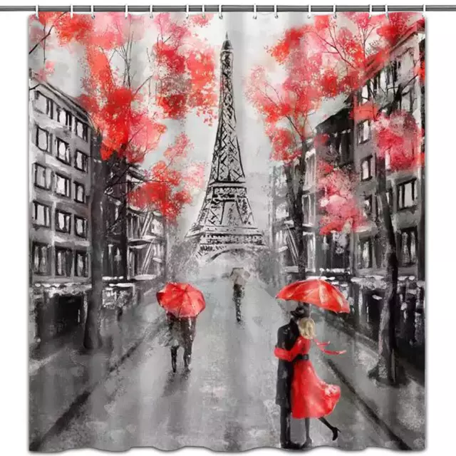 Paris Eiffel Tower Shower Curtain Oil Painting Paris Couple Fabric with HOOKS