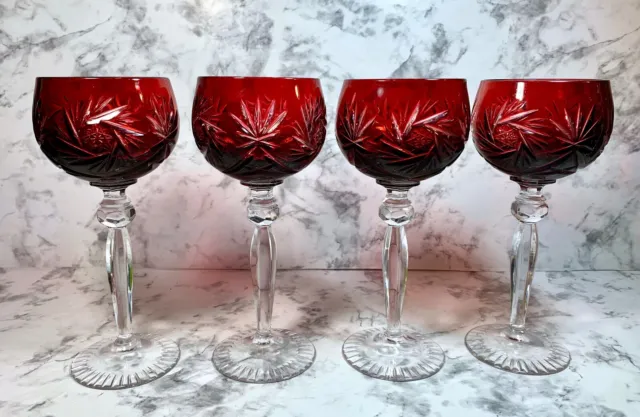 (4) Anna Hutte Genuine Hand Cut-To-Clear Cranberry Red Hock Wine Glasses Goblets