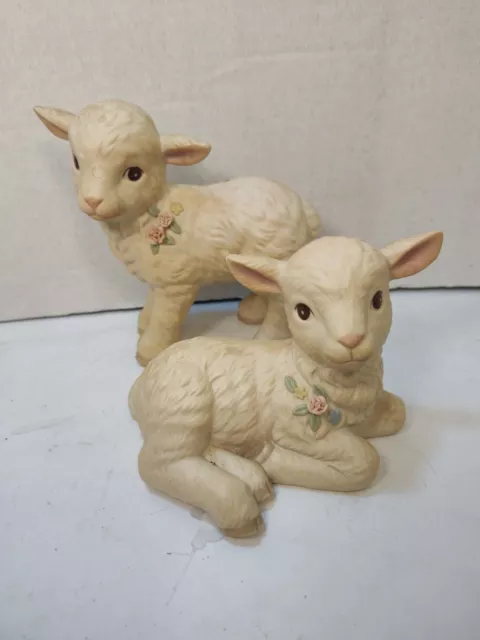 Homco Bisque Two Little Lambs Figurines Vintage 4"