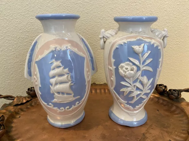 Vtg Pair Of Handled Vases Urns w/ Colonial Ship Scene Flowers Japan 7”