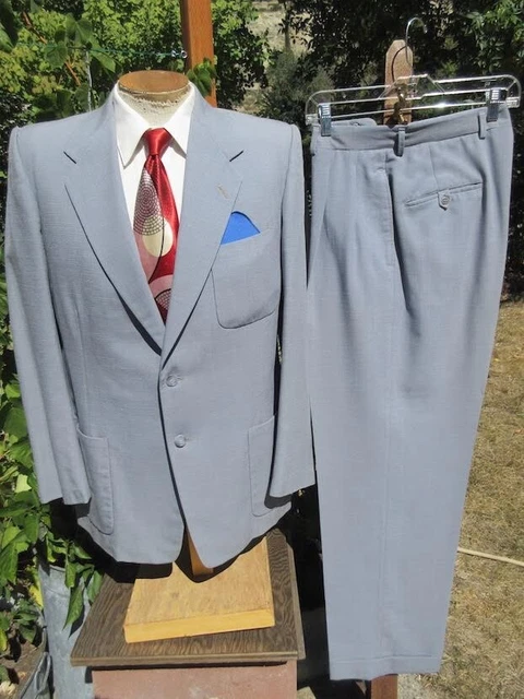 Swank 1950s Lightweight Stone Blue Hollywood Suit 42R 31x31- w/ Patch Pockets