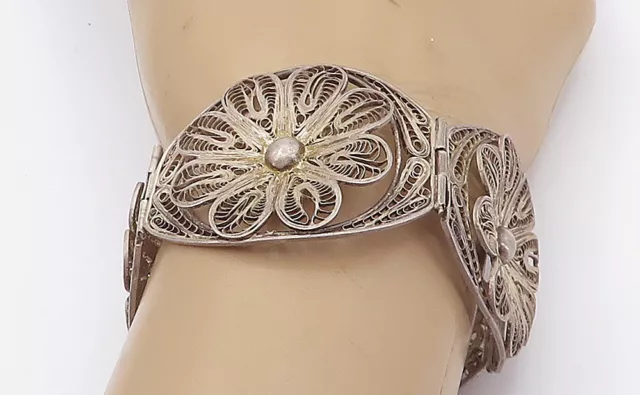 MEXICO 925 Sterling Silver - Vintage Filigree Flower Panel Bracelet - BT3405