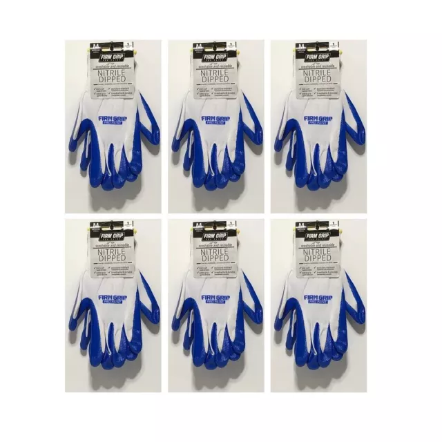 New Lot (6) x Firm Grip Pro Paint Washable Nitrile Dipped Gloves (Medium) Pairs