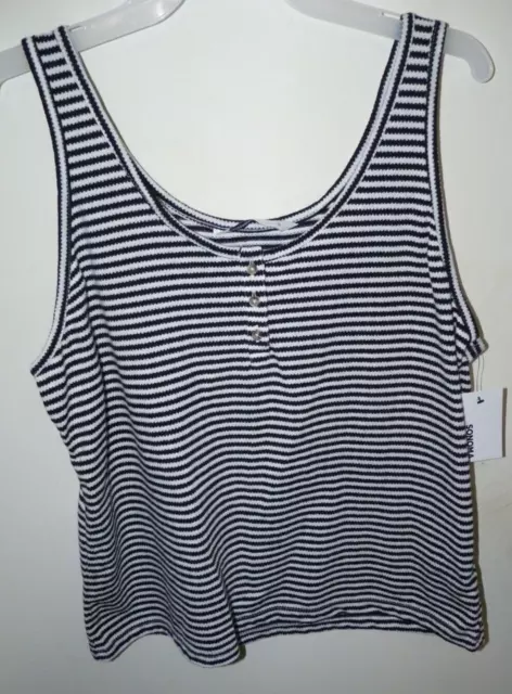 Sonoma womens misses size L sleeveless Henley tank top black & white STRIPED NWT