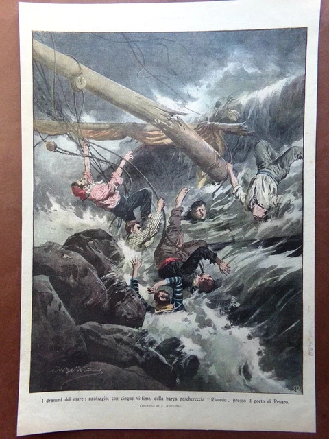 Retrocopertina Domenica Corriere nr. 15 del 1909 Naufraggio Ricordo Porto Pesaro