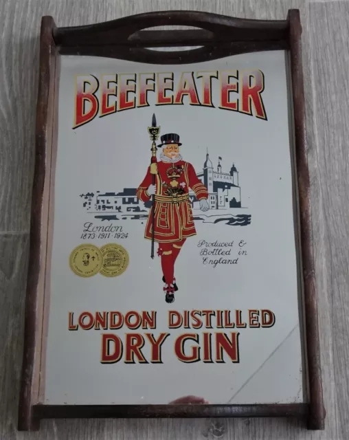 Vintage Beefeater London Gin Wooden Bar Tray Mirror