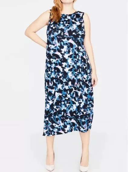 Rachel Roy Curvy Navy Printed Drape Back Midi Sleeveless DRESS Plus 1X