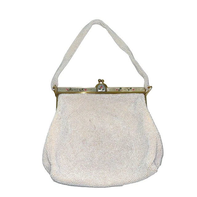 Rosenfeld Vintage Womens Purse White Beaded Handmade In Belgium Mother Of Pearl