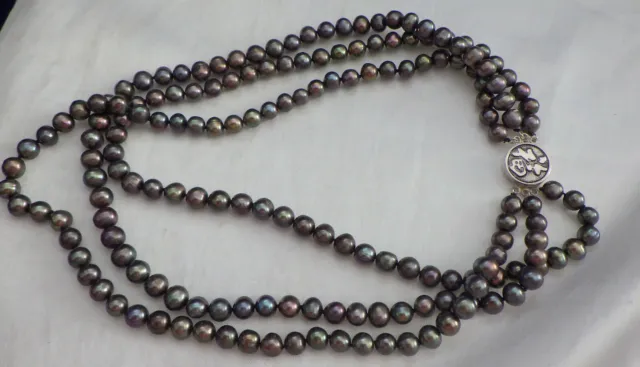 Triple Strand Peacock Black Pearl Necklace Graduated W, Sterling Round Clasp 925
