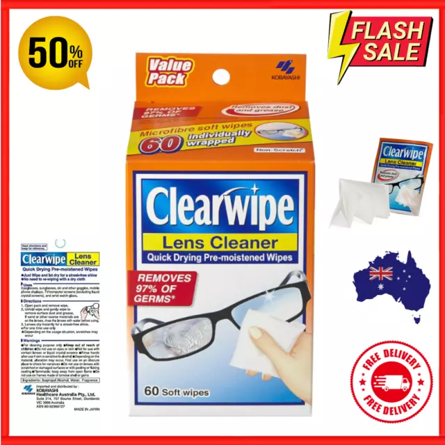 Clearwipe Lens 60pk Cleaner Glasses Clear Eyeglass & Sunglass Microfibre Wipes