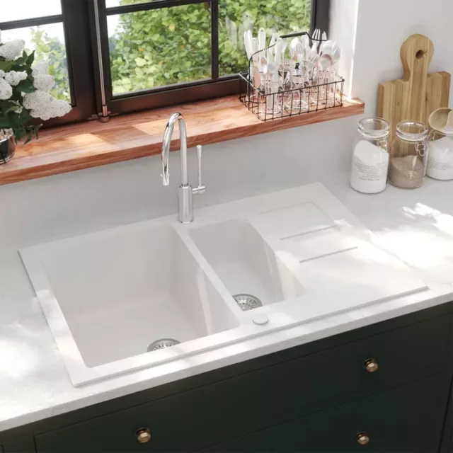 vidaXL Küchenspüle mit Doppelbecken Weiß Granit