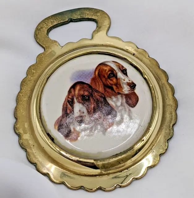 Brass Horse Medallion Vintage Porcelain Basset Hound Pup Dog Show Parade Harness