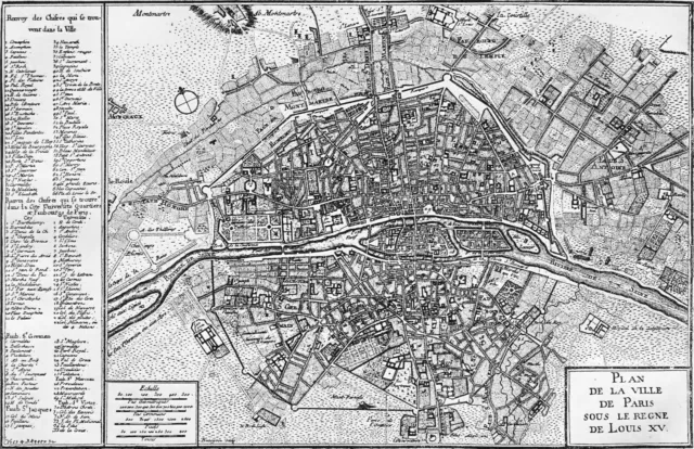 PLAN de PARIS sous LOUIS XV d'après original de la Bib.Nationale -Gravure du 19e