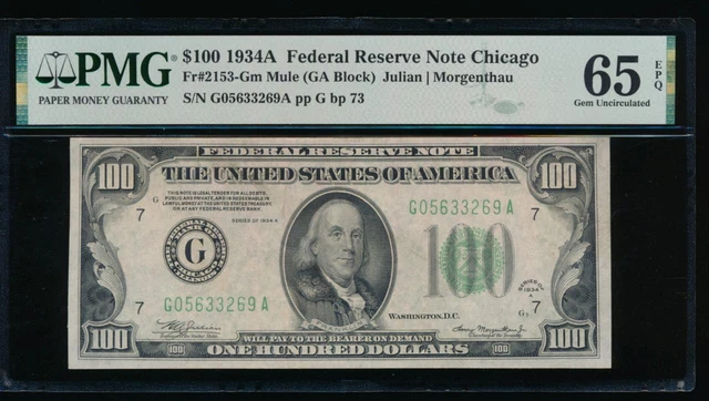 AC 1934A $100 Chicago FRN mule PMG 65 EPQ Fr 2153-G