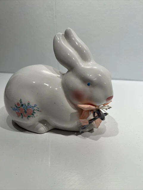 Vintage Decorative White With Flowers Ceramic Rabbit Bunny Easter