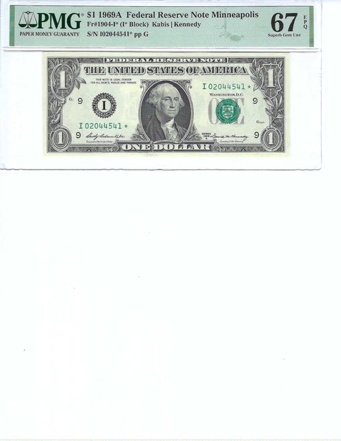 1969 $1 Federal Reserve Note FR1904-I* PMG 67 Superb Gem UNC EPQ, Star Note!!!