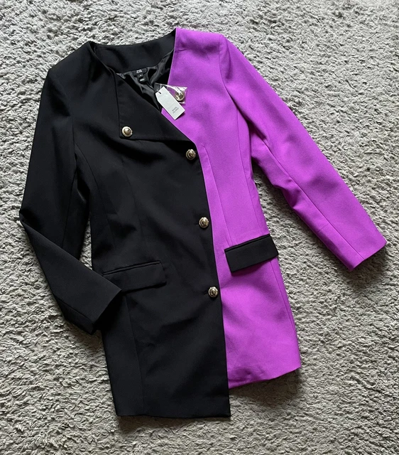 Mini blazer abito viola a maniche lunghe avvolgente taglia uk 6 nuovo con etichette