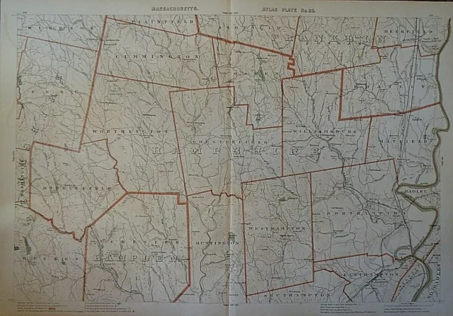 1891 Massachusetts Railroad & Township Map ~ HAMPDEN - BERKSHIRE - FRANKLIN ETC.