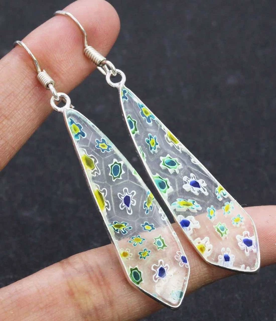 Dichroic Glass 925 Silver Plated Handmade Earrings of 2.2" Ethnic Gift