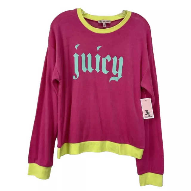 NWT Juicy Couture Pink Velour Pullover Sweatshirt Top Aqua Gothic Logo Y2K Sz. M