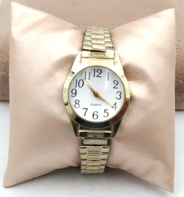 Ladies~~Gold Tone Watch Easy To Read White Domed Dial w/ Stretch Band Up to 7"