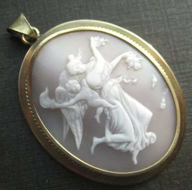 Antik Anhänger Kamee Cameo Gemme 333 Gold Seraphim Engel Putte Fackel Muschel