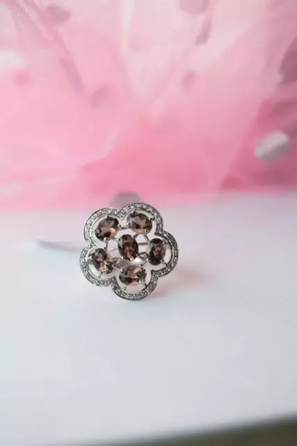 Natural Rose Cut Diamond & Smoky Quartz 925 Sterling Silver Fine Ring