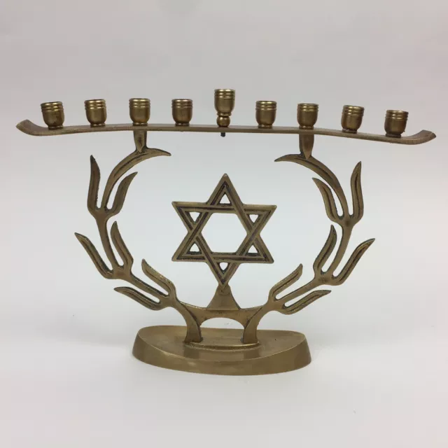 Hakuli Israel Brass Chanukah Hanukkah Menorah Hanukkiah 6.25” Tall 9” Long Used